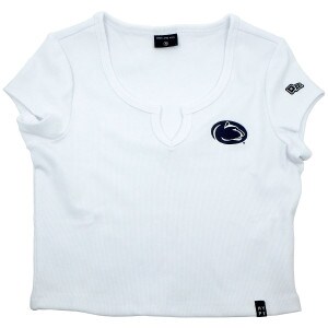 women's white crop Cali t-shirt with stitched Penn State Athletic Logo